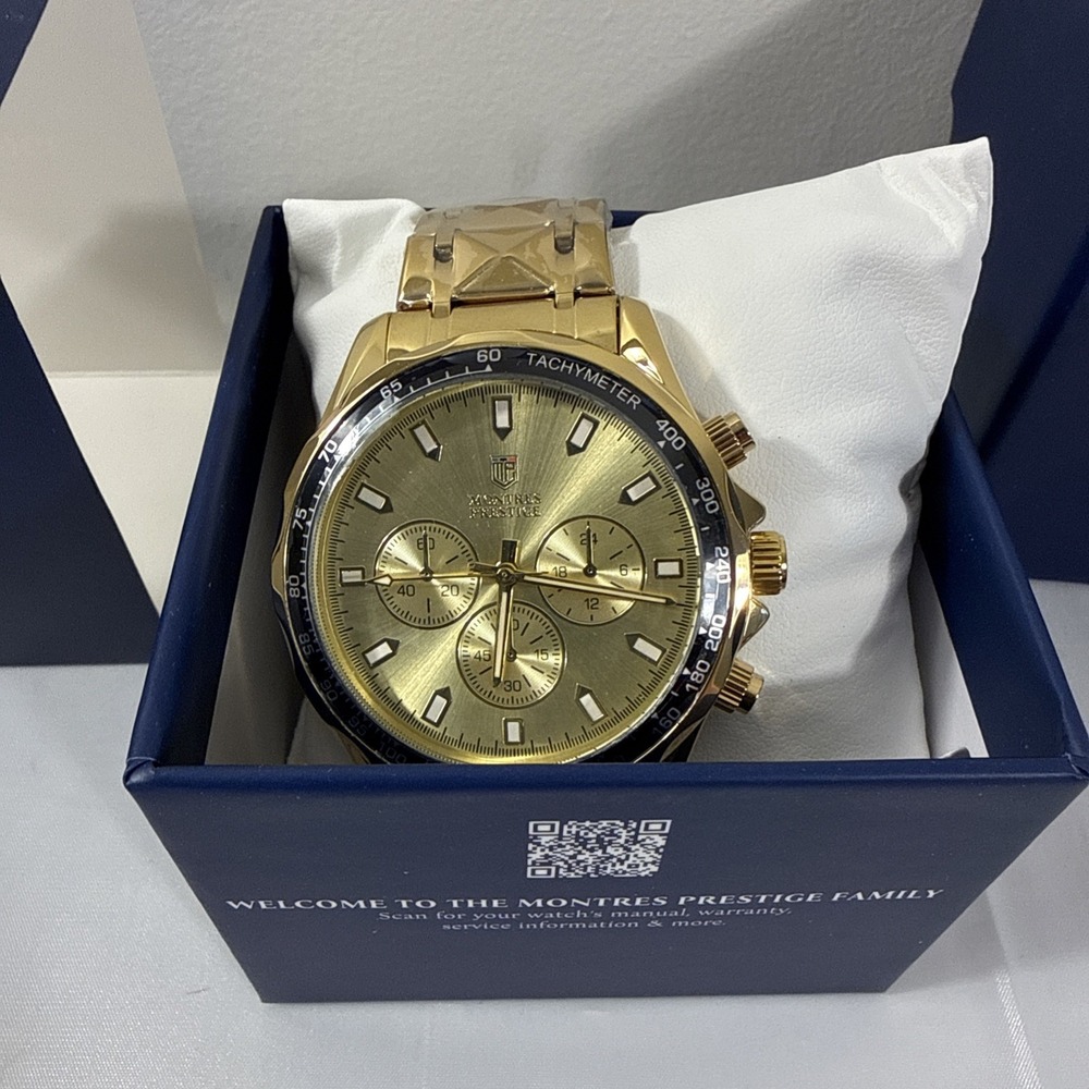 BNWT INVICTA MONTRES PRESTIGE GOLD QUARTZ ANALOG MENS WATCH WITH TACHYMETER - Picture 2 of 5